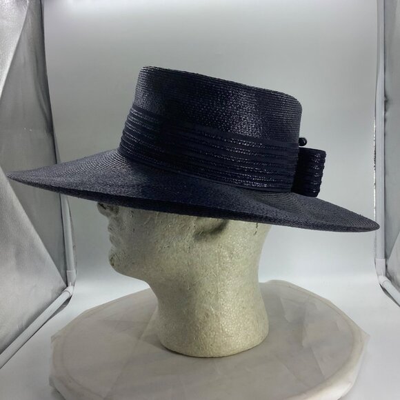 Vtg Lazarus Trendsetter Wide Flat Brim Hat with Pin‎ Statement Bow 22\